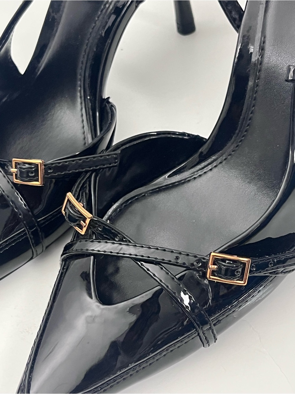 ZARA Black Patent Leather Strappy Pointy Toe Slingback Heels Size 38 Classic - Picture 7 of 11